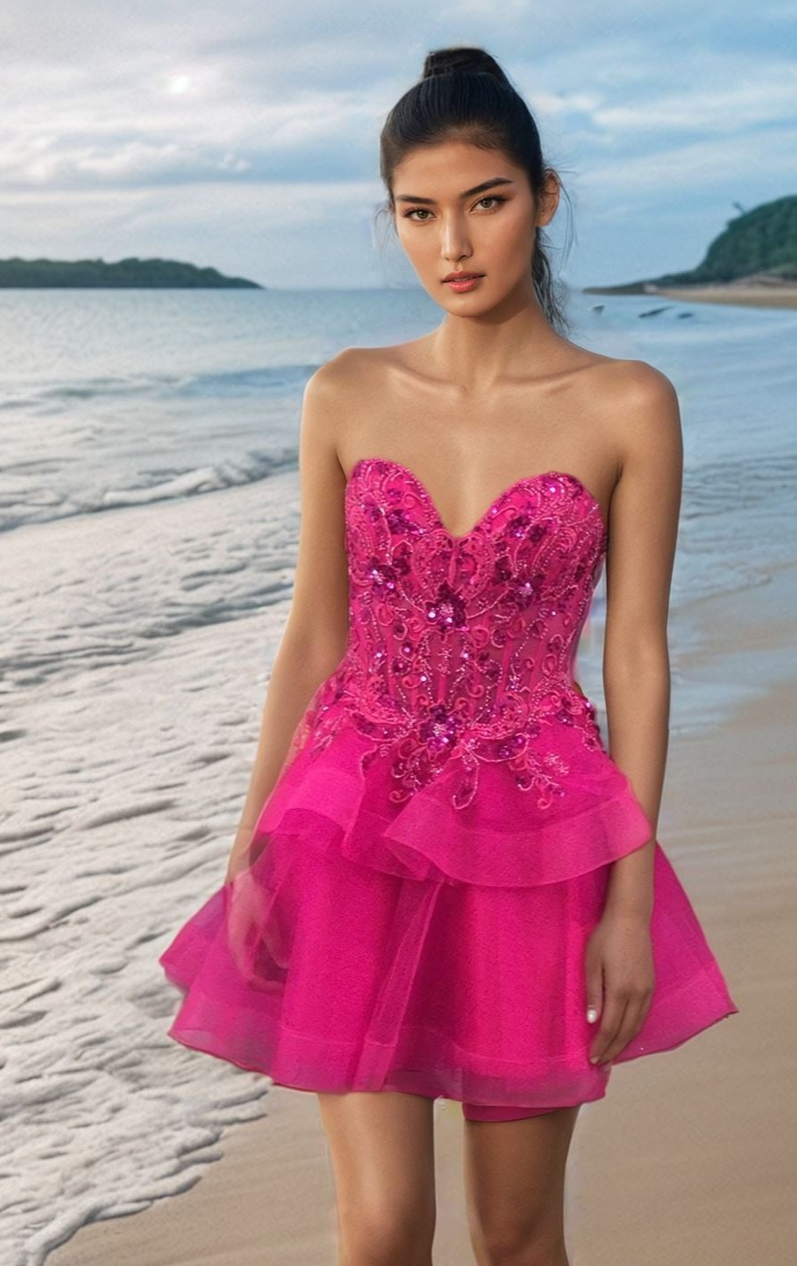 A woman in the Short Homecoming Dress 40503 by Jovani, a strapless embellished hot pink dress, stands on a sandy beach with the ocean and sky behind her.